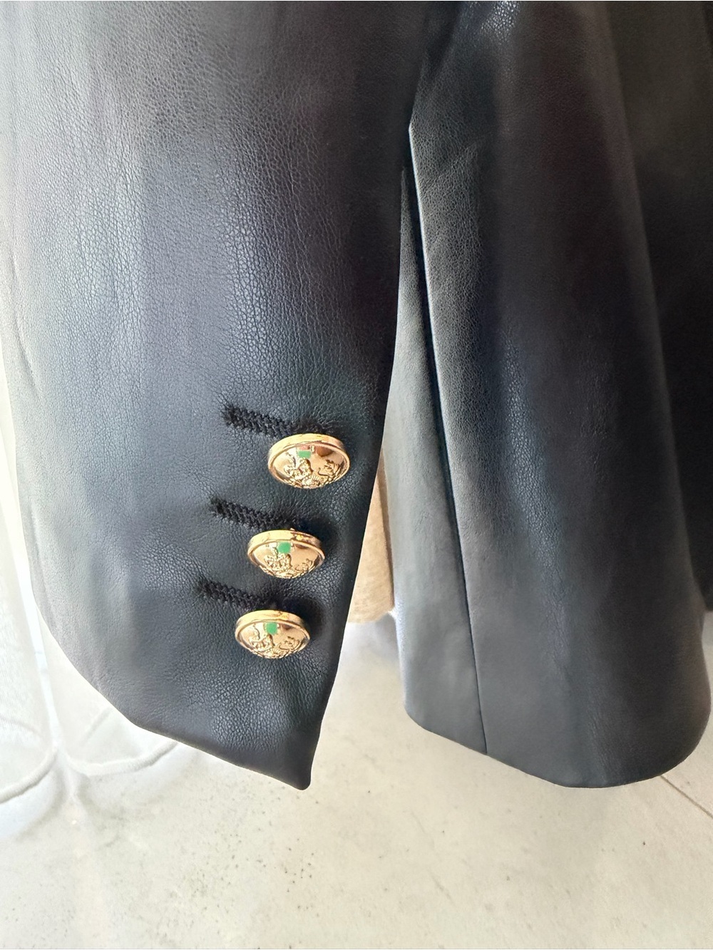 Zara Black Faux Leather Double-Breasted Blazer Jacket w/ Gold Buttons - Picture 4 of 5